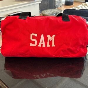 Red Duffel Bag personalized SAM working zipper